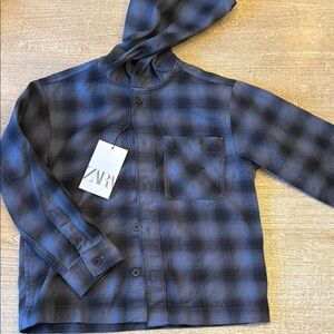 Zara Navy Checkered Hooded Shirt